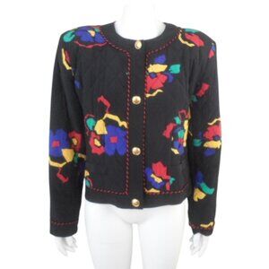 Vintage Citi Quilted Silk Jacket Womens 12 Black Multicolor Abstract Print